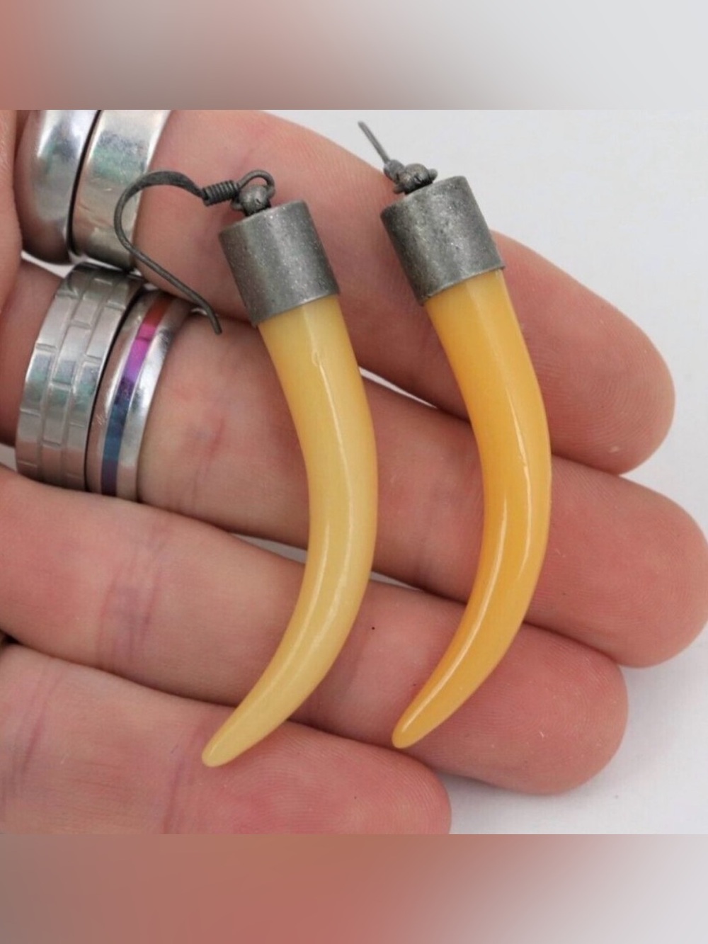 antique vintage Egg Yolk Celluloid Lucite Talon Claw Tooth Shape Earrings